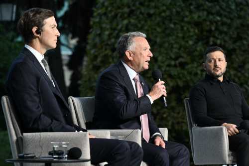 Ukraine's President Volodymyr Zelensky (R), US Special Envoy Steve Witkoff (C) and US President Donald Trump's son-in-law Jared Kushner (L) attend a joint press conference following their talks in Kyiv on September 6, 2026, amid the Russian invasion of Ukraine.