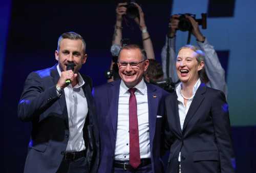 Ulrich Siegmund (L), far-right Alternative for Germany (AfD)'s main candidate in the Saxony-Anhalt state election, addresses supporters next AfD co-leaders Tino Chrupalla and Alice Weidel (R) at the AfD's election party following Saxony-Anhalt's state elections in Magdeburg, eastern Germany on September 6, 2026.