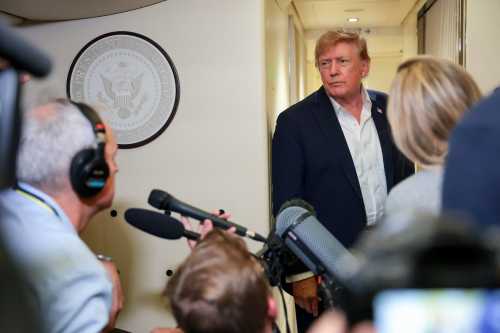 IN FLIGHT- SEPTEMBER 13: U.S. President Donald Trump speaks to reporters while aboard Air Force One while traveling back from Ireland to Joint Base Andrews, Maryland on Sept. 13, 2026, in flight. President Trump spoke to reporters about his trip to Ireland and a range of other topics including advancements in AI, Ukraine, and the midterms.