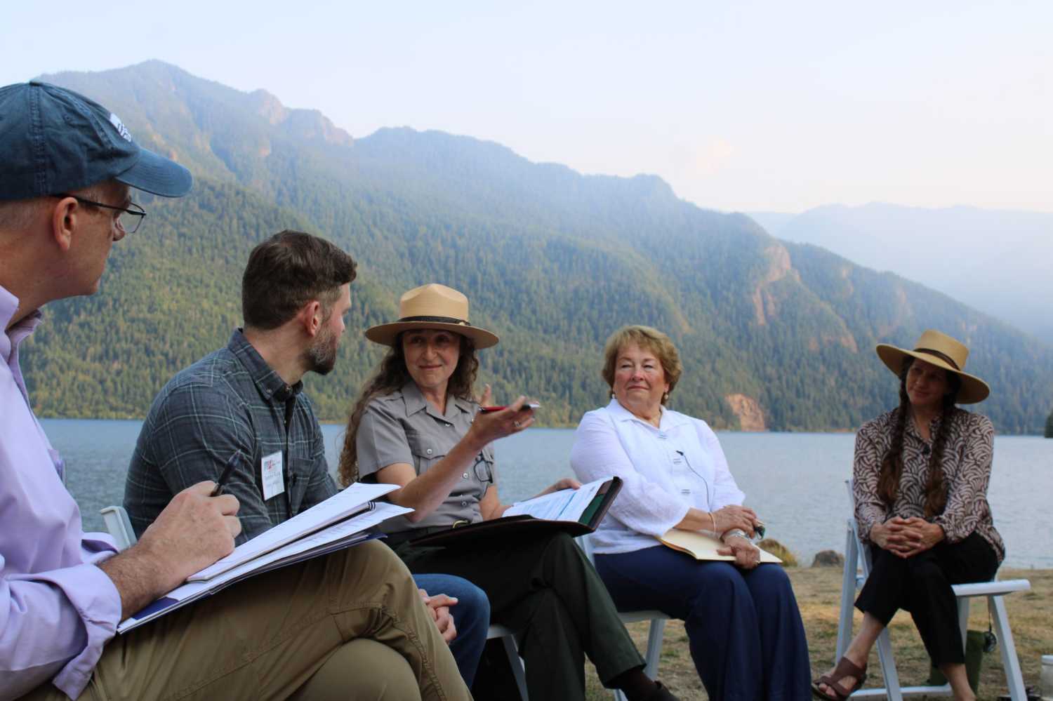 Panelists at the outdoor recreation and tourism session, held at Lake Crescent. From left: Tony Pipa (Brookings), Tommy Farris of Olympic Hiking Co., Olympic National Park Superintendent Sula Jacobs, Marsha Massey of the Olympic Peninsula Visitor Bureau, and Crystie Kisler of the Jefferson Community Foundation and Finnriver Farm & Cidery.