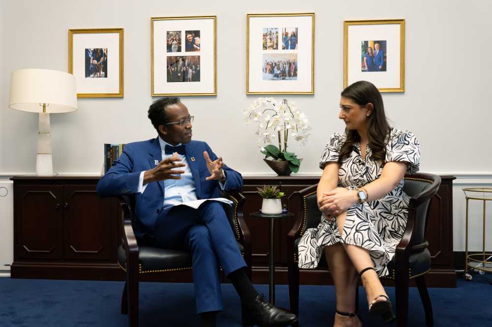 Rep. Sara Jacobs with host Landry Signé in her Washington, D.C. office. (photo by Teddy Wansink)