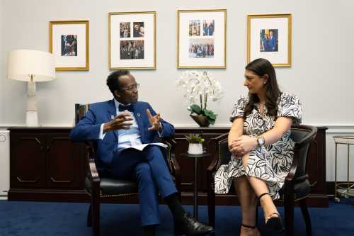 Rep. Sara Jacobs with host Landry Signé in her Washington, D.C. office. (photo by Teddy Wansink)