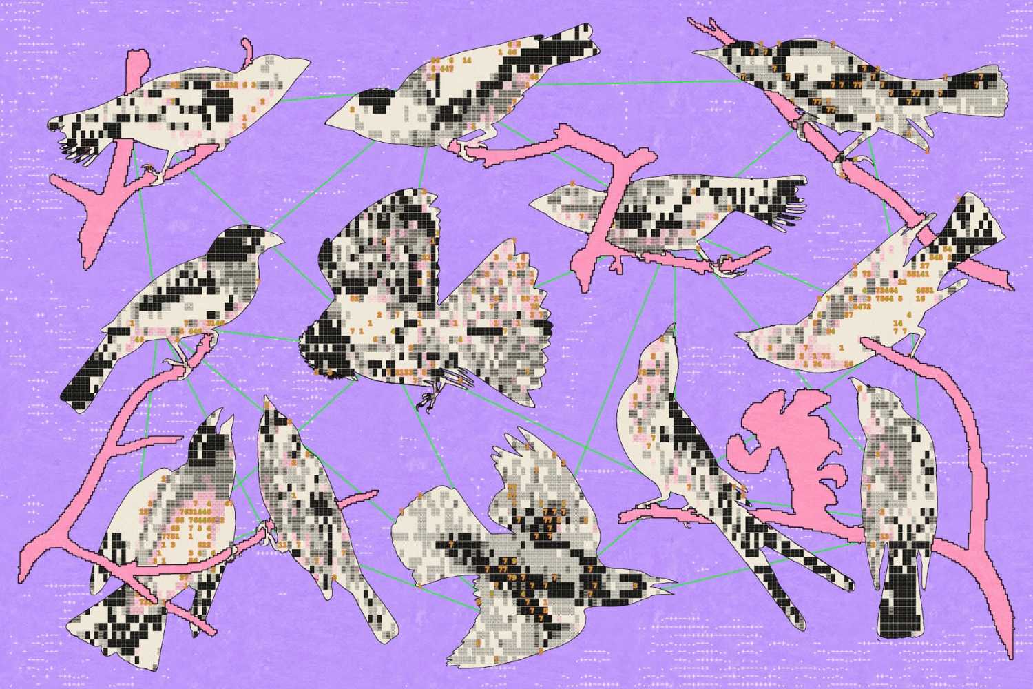 A collage containing the silhouettes of a disorderly flock of birds. Some are perched on pixelated branches, while others are mid-flight. Neon green lines link them together in a network.