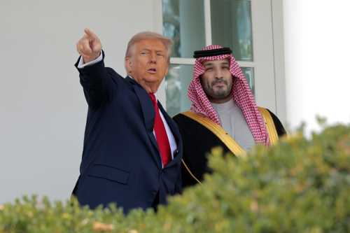 U.S. President Donald Trump (L) gestures as he speaks with Crown Prince and Prime Minister Mohammed bin Salman of Saudi Arabia at the White House on November 18, 2025, in Washington, DC. Trump is hosting the crown prince for meetings aimed at strengthening economic and defense ties, including the U.S. sale of F-35 fighter jets to Saudi Arabia.