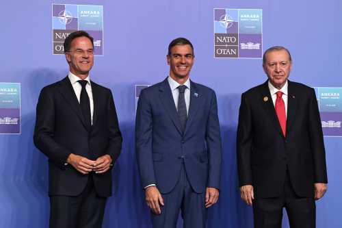 (L-R) NATO Secretary General Mark Rutte, Prime Minister of Spain, Pedro Sanchez, and President of Turkey, Recep Tayyip Erdogan arrive ahead a family photo during the NATO summit on July 8, 2026 in Ankara, Turkey.