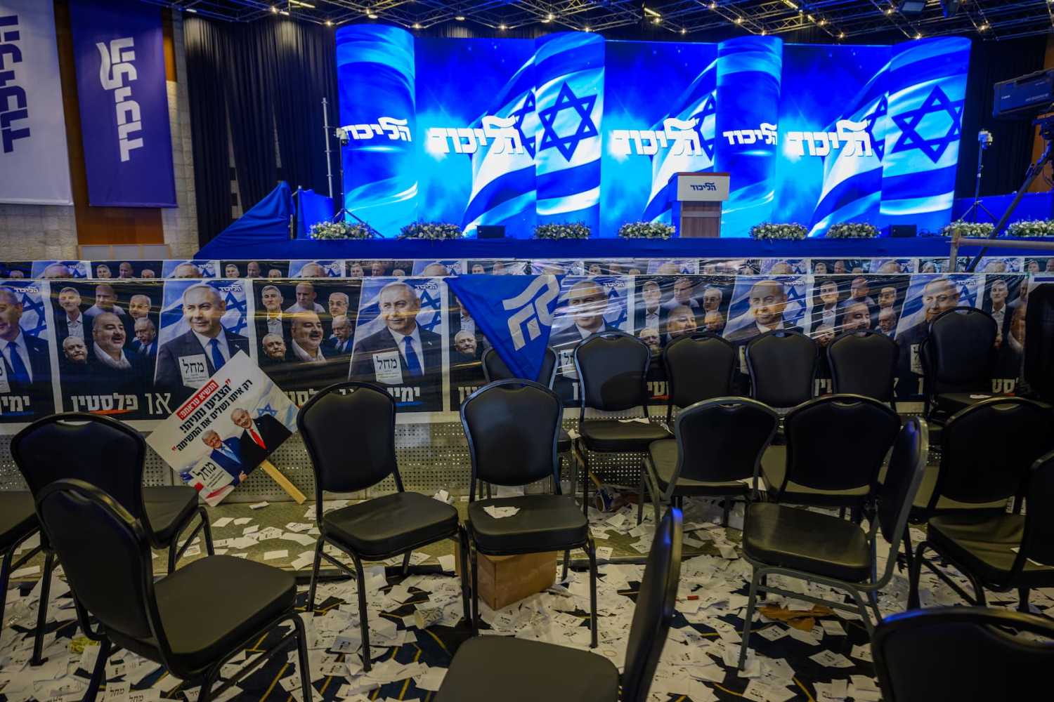 JERUSALEM, ISRAEL - OCTOBER 28: Small notes are left all over the floor at the conclusion of the Likud Party election-night event at the Teddy Hall, International Convention Center on Oct. 28, 2026, in Jerusalem, Israel.