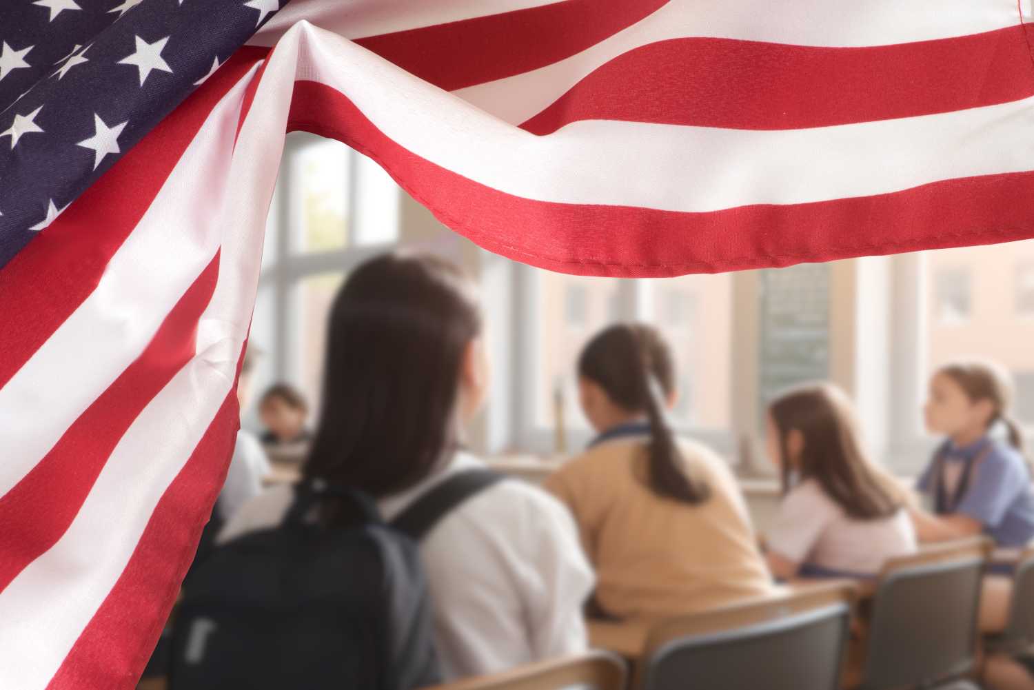 classroom revealed by American flag