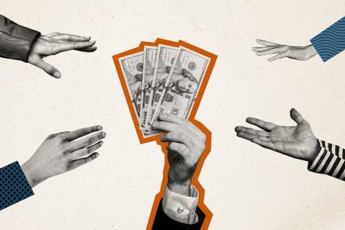 Illustration featuring multiple hands all reaching for a hand in the center that is holding a wad of money
