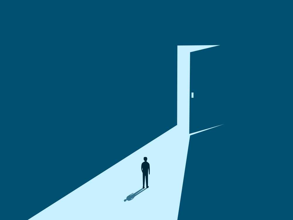 Concept of employee walking towards large open door